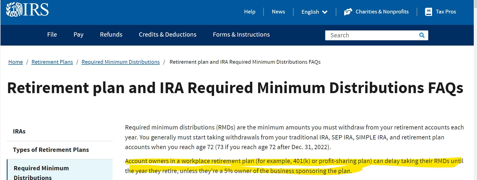 The Still Working (the 5 percent owner exception) RMD Delay Does Not